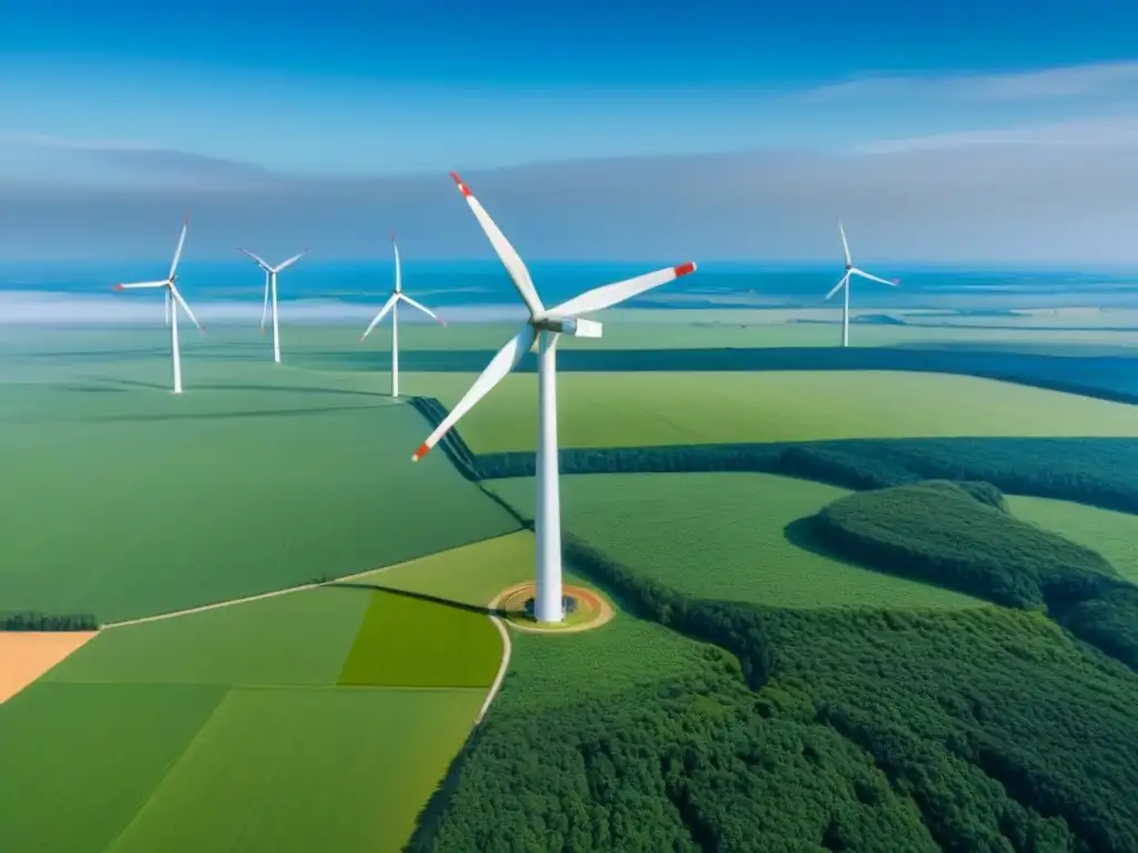 Un paisaje verde con molinos de viento al sol, símbolo de futuro energía sostenible cambio climático