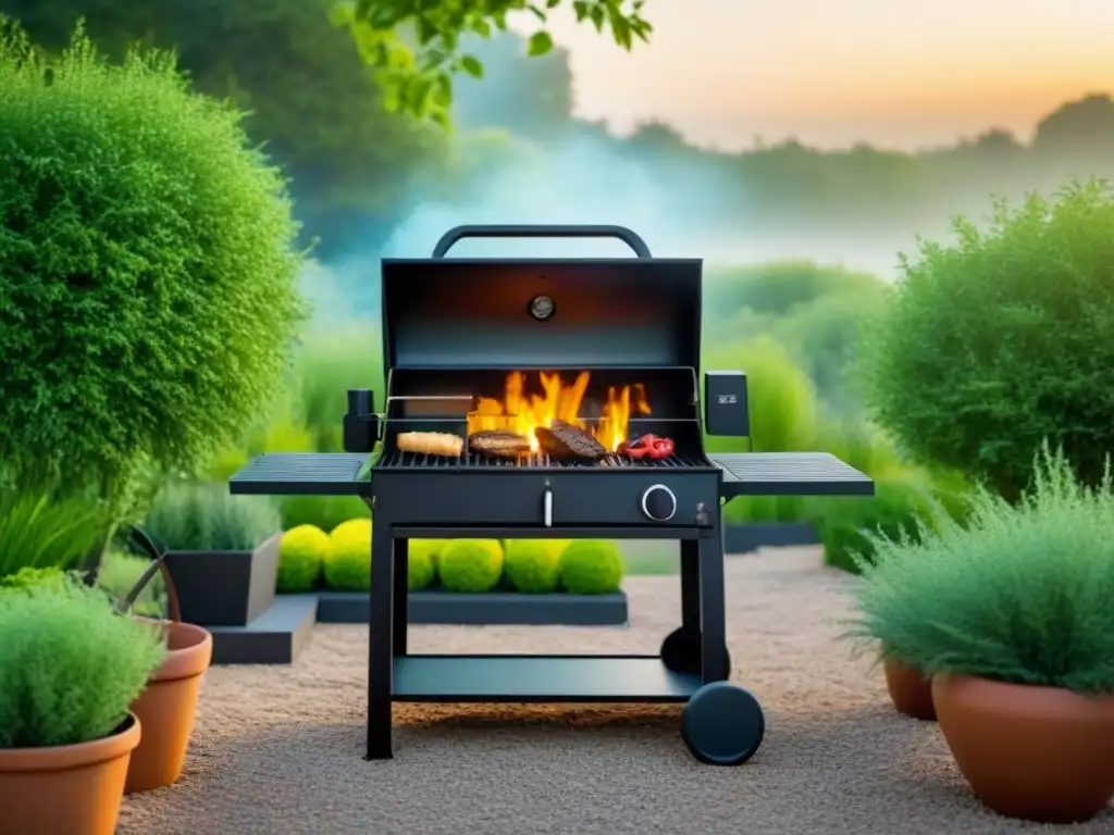 Paisaje verde con barbacoa sostenible sin desperdicios en jardín tranquilo