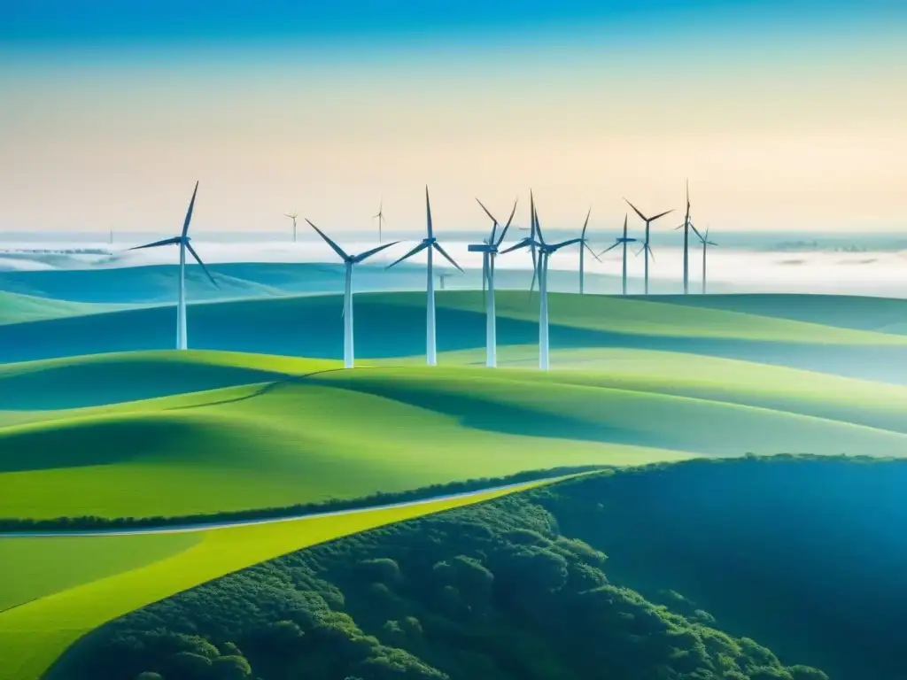 Un paisaje verde vibrante con molinos de viento y paneles solares integrados en armonía, bajo un cielo azul