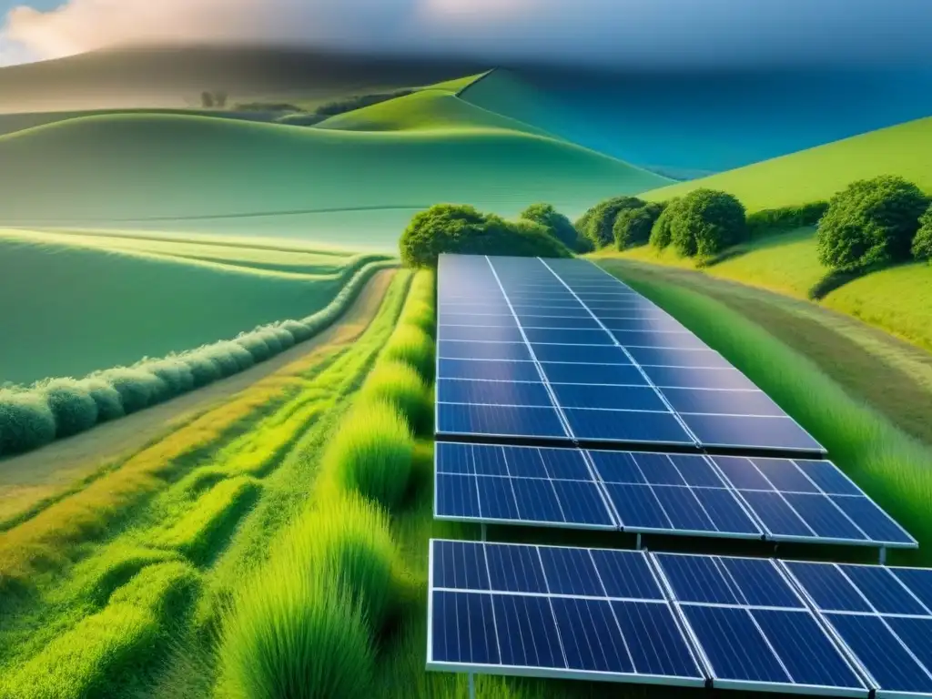 Un paisaje verde vibrante con paneles solares brillantes, simbolizando la armonía entre la energía solar y el desarrollo sostenible