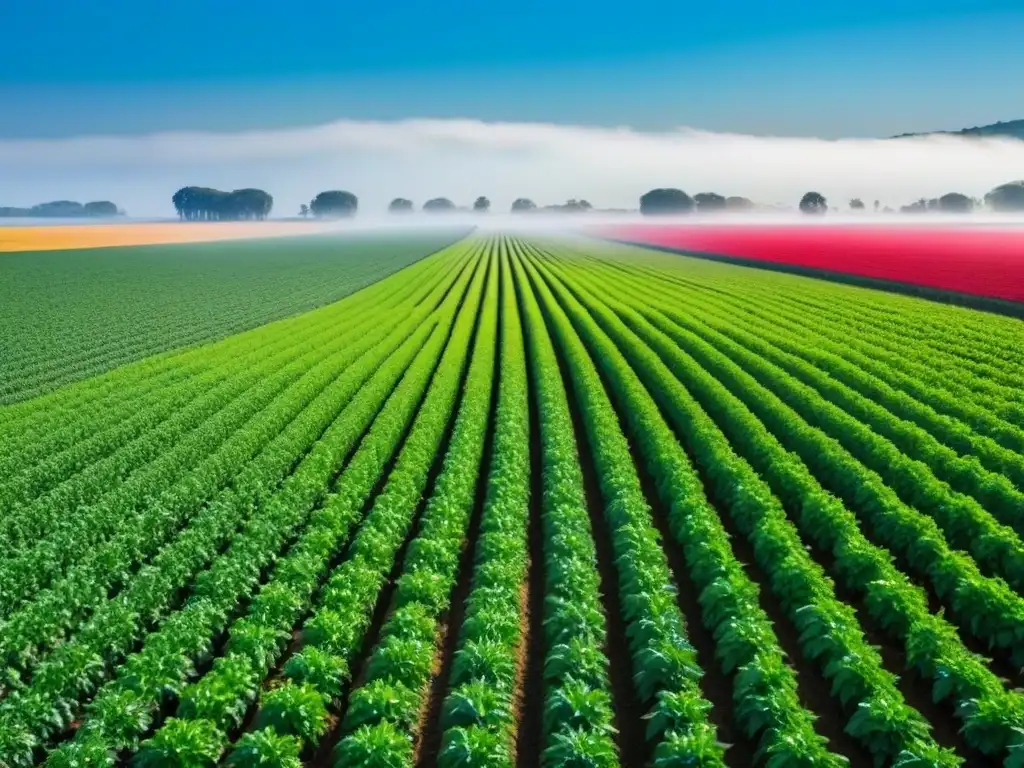 Un paisaje agrícola vibrante y extenso con cultivos en filas ordenadas bajo un cielo azul