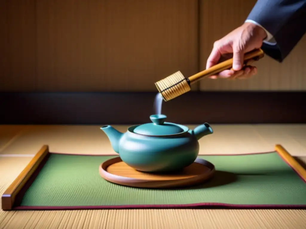 Paisajes zen: ceremonia del té japonesa en tatami, destacando la belleza cultural de Asia y la prohibición de plásticos