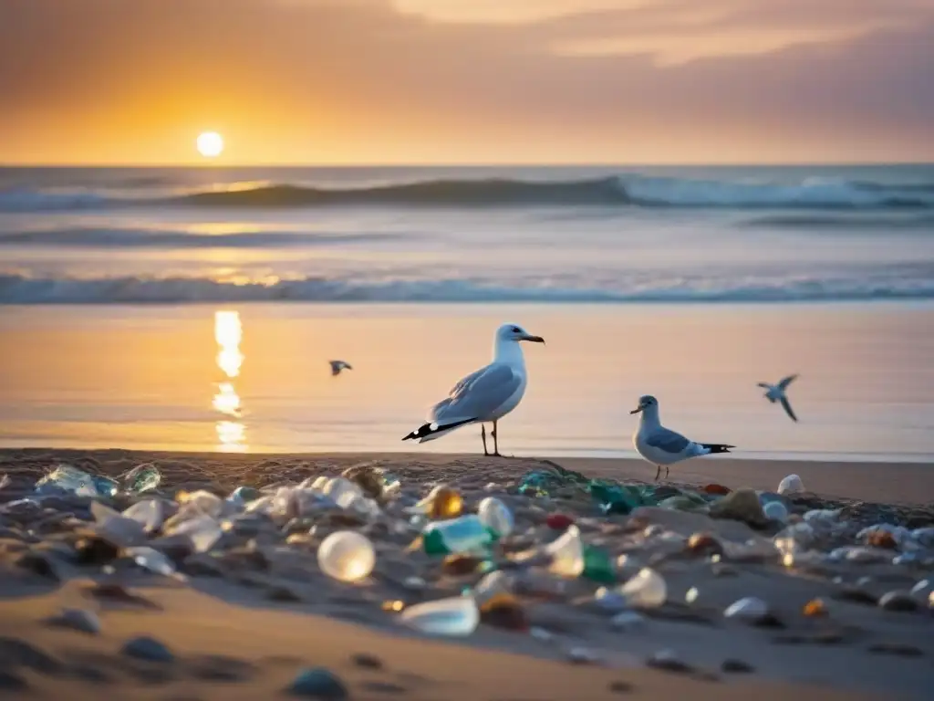 Países líderes en prohibición plásticos: Escena impactante de playa al atardecer, con gaviotas, plástico, y belleza natural