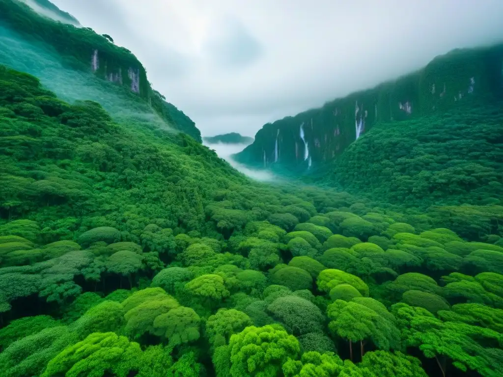 Países líderes en sostenibilidad: Imagen de una exuberante selva lluviosa con diversa flora y fauna, resaltando la belleza natural