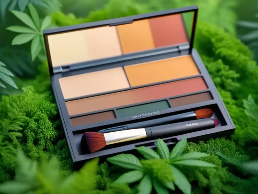 Paleta de maquillaje ecofriendly en tonos terrosos, envase reciclable, fondo de vegetación exuberante