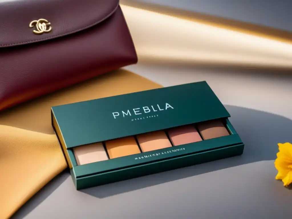 Paleta de maquillaje sostenible de lujo en tonos terrosos y packaging elegante