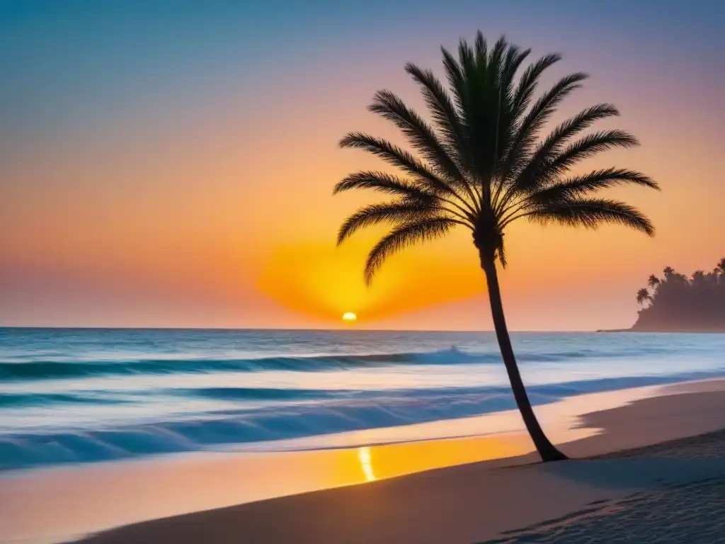 Dos palmeras en silueta en una playa serena al amanecer, con olas suaves y un cielo colorido