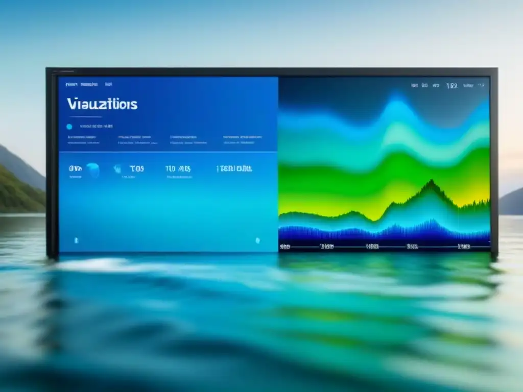 Un panel de control detallado muestra métricas de calidad del agua en tiempo real con gráficos y mapas