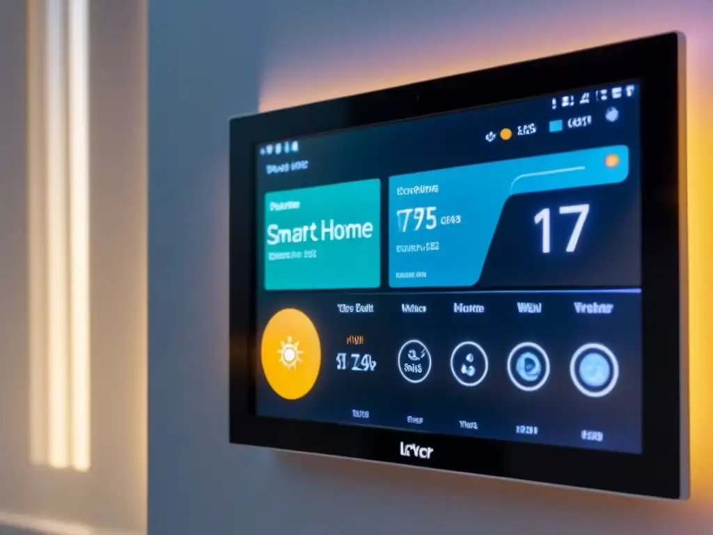 Panel de control de hogar inteligente con diseño minimalista y ecoamigable, iluminado suavemente