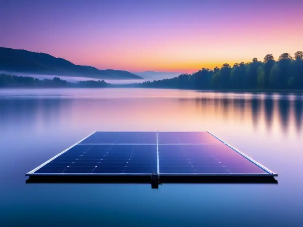 Un panel solar flotante sostenible refleja los colores del atardecer en un lago sereno