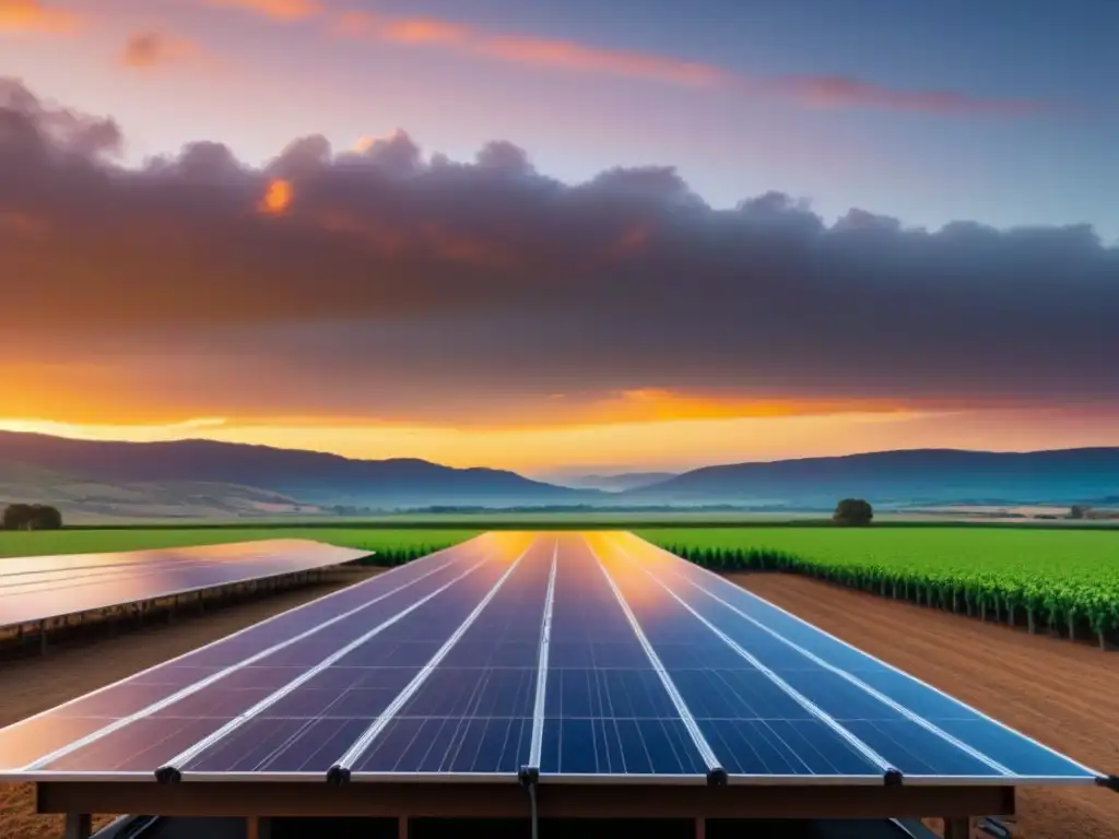 Panel solar moderno en atardecer vibrante refleja armonía entre naturaleza y energía sostenible