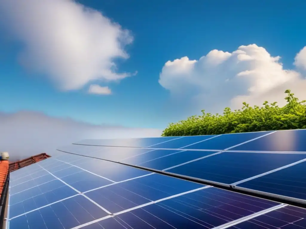 Panel solar moderno en tejado, reflejando la luz del sol en un cielo azul