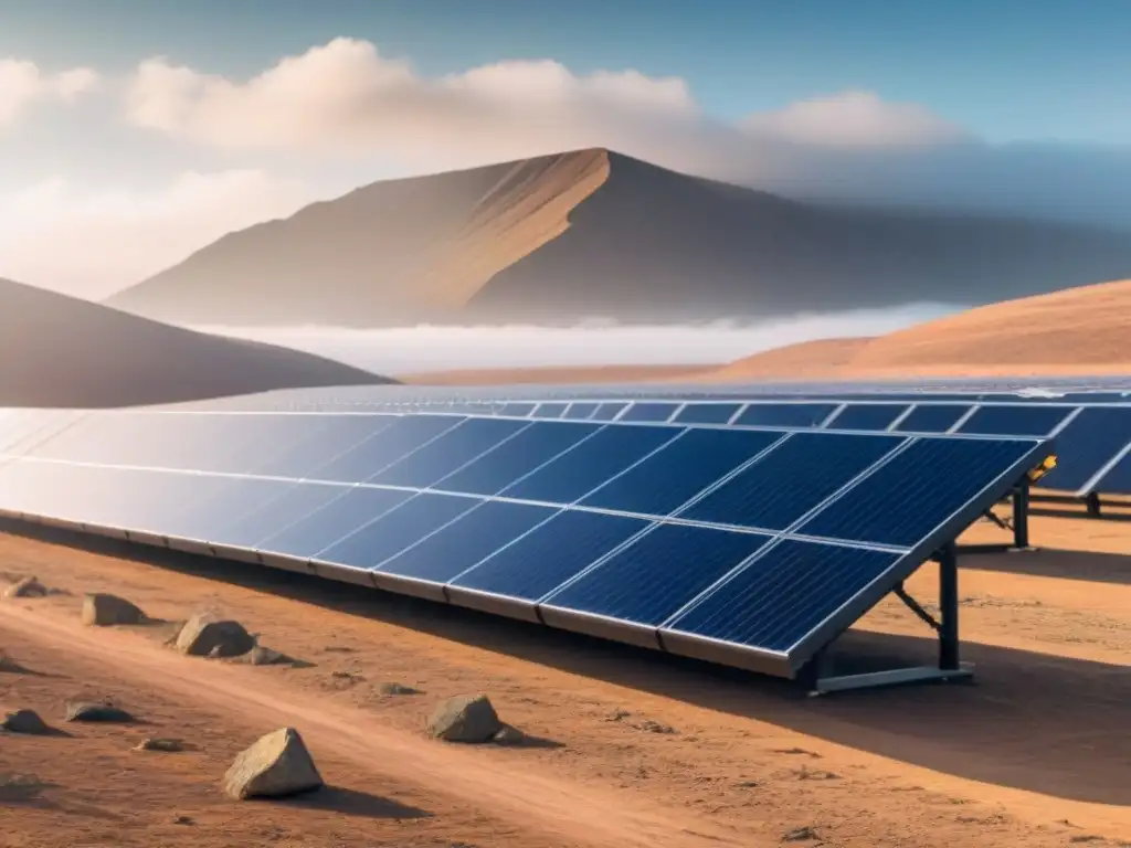 Paneles solares emergencia: Elegante array absorbiendo luz en paisaje desolado