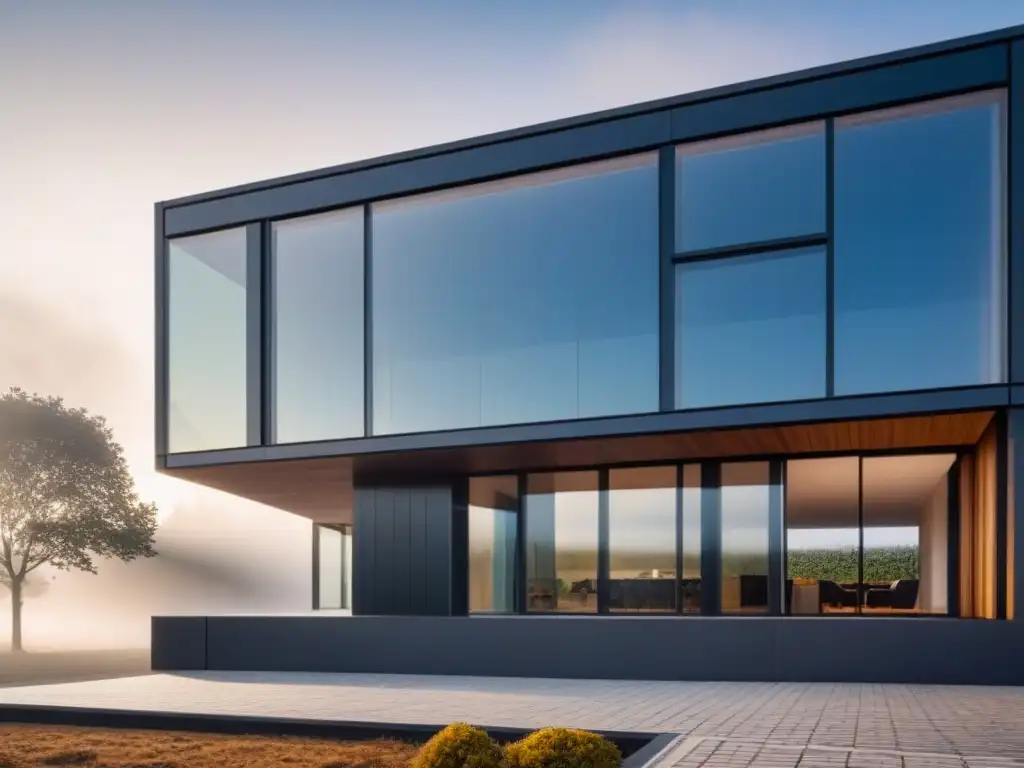 Paneles solares integrados en construcción: diseño arquitectónico moderno con líneas limpias y paneles solares elegantes