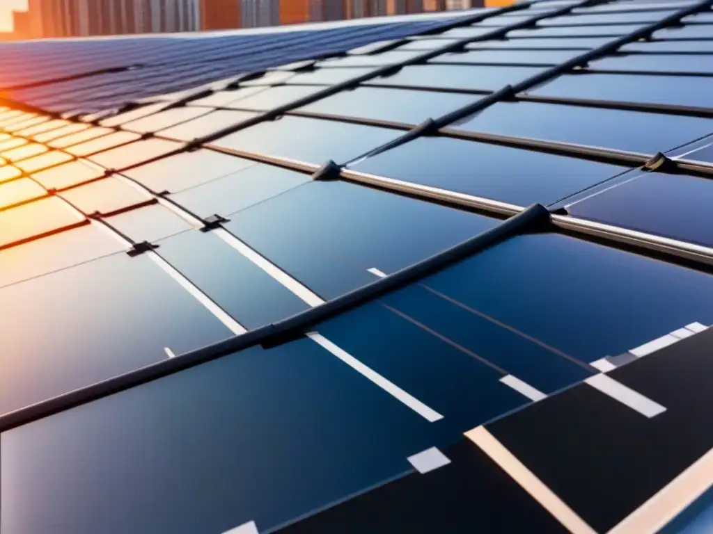 Paneles solares integrados en construcción: Detalles de paneles negros brillantes en tejado moderno, reflejando la luz solar