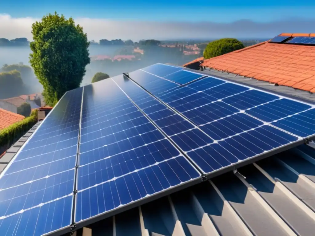 Paneles solares modernos en el tejado capturados bajo el sol brillante y cielo azul