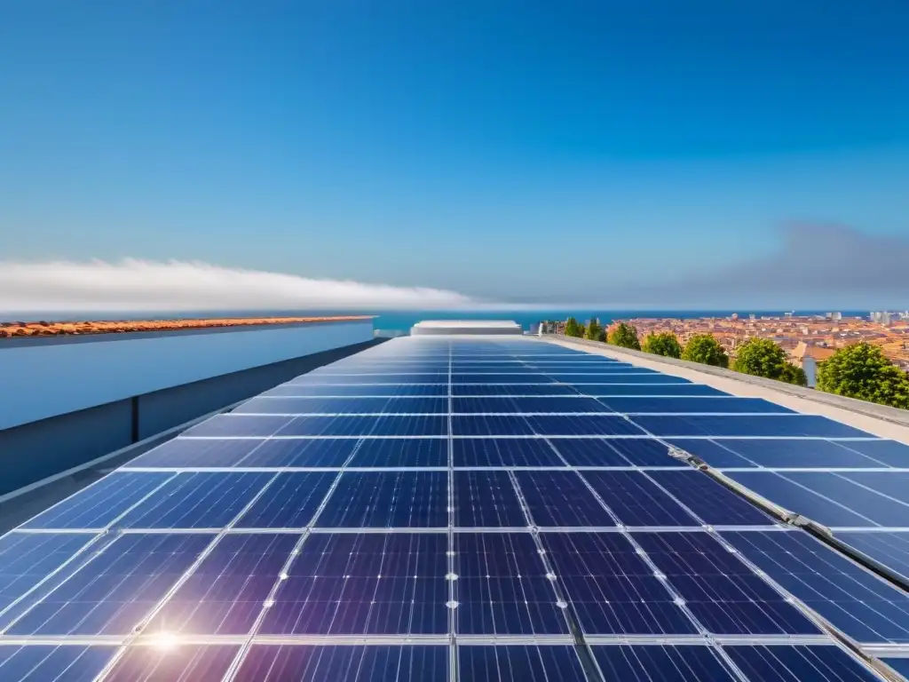 Paneles solares en el techo de una casa moderna, reflejando la luz del sol bajo un cielo azul claro