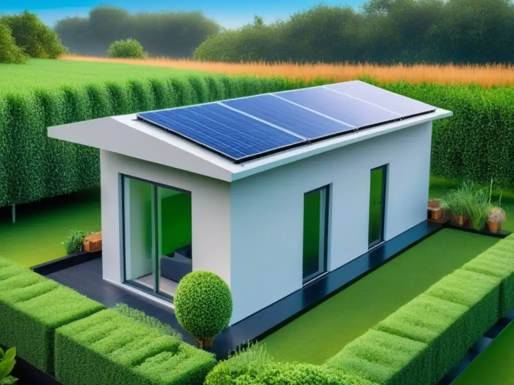 Casa ecológica con paneles solares, jardín y tecnología para eficiencia energética