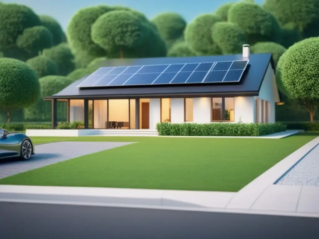 Casa ecológica con paneles solares, turbina eólica y autos eléctricos