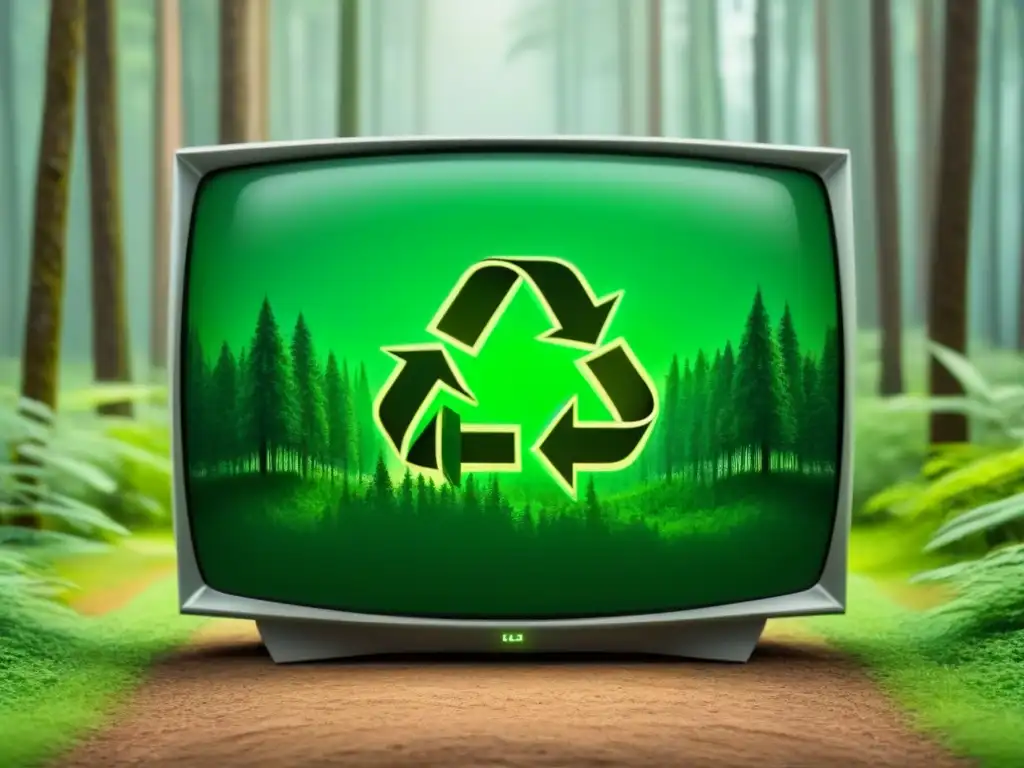 Una pantalla de televisión muestra un bosque verde con símbolos sostenibles