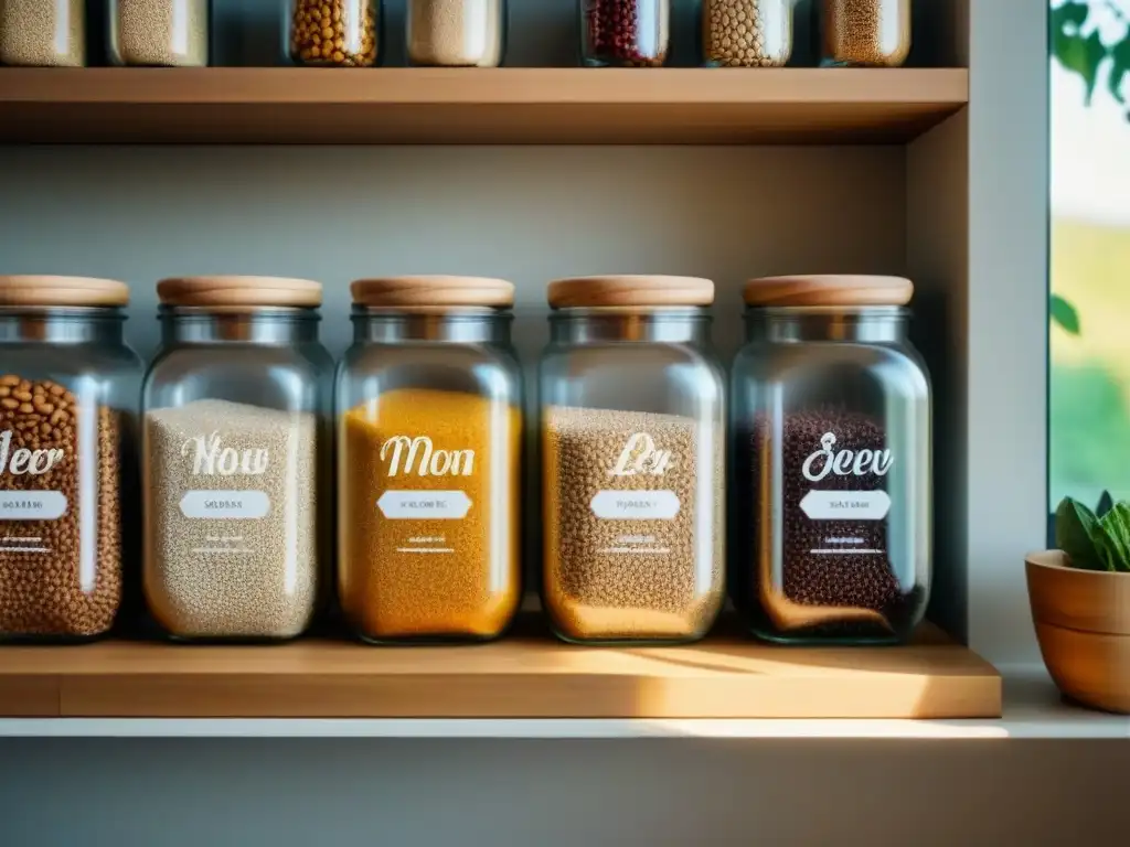 Pantry zero waste con botes de cristal etiquetados en caligrafía, llenos de granos y semillas, organizados en estantes de madera clara