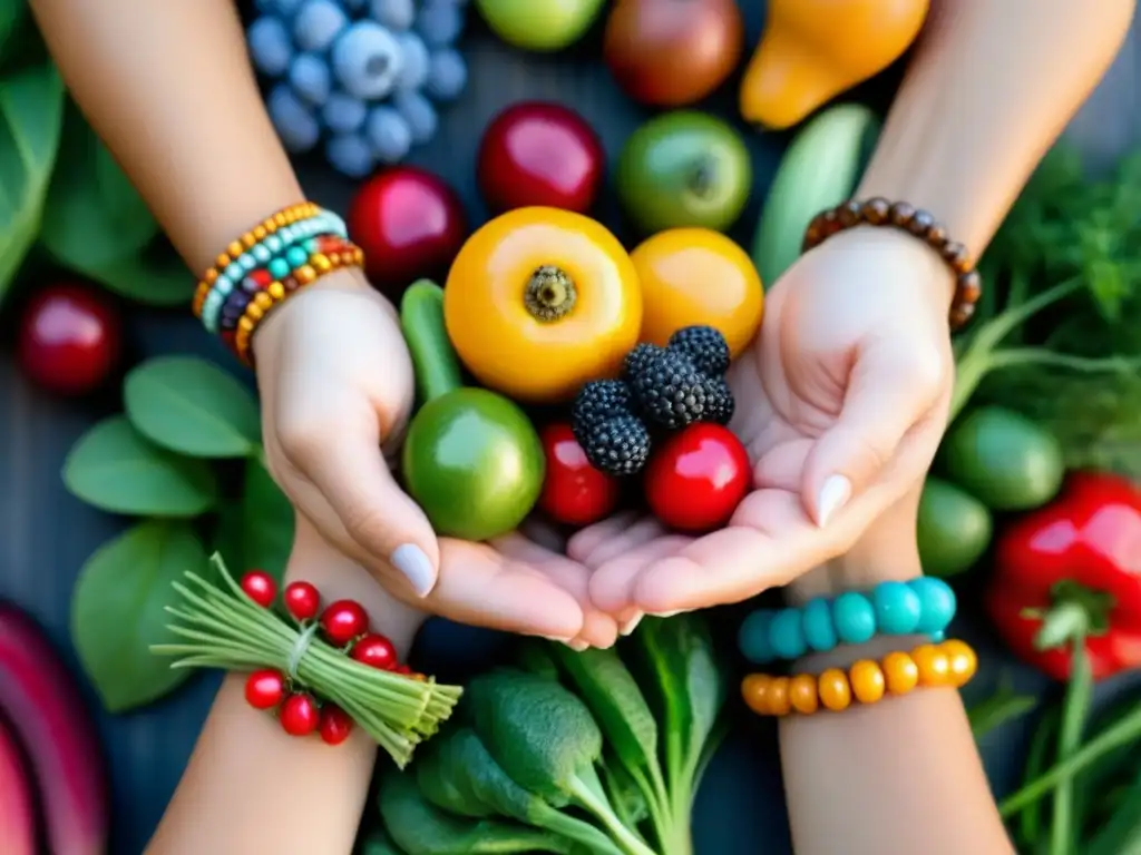 Par de manos sostienen frutas y verduras orgánicas, mostrando la belleza natural de ingredientes para rutina de belleza sostenible