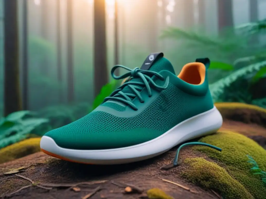 Un par de zapatos sostenibles Allbirds en un bosque verde, destacando la economía circular y la sostenibilidad en el calzado