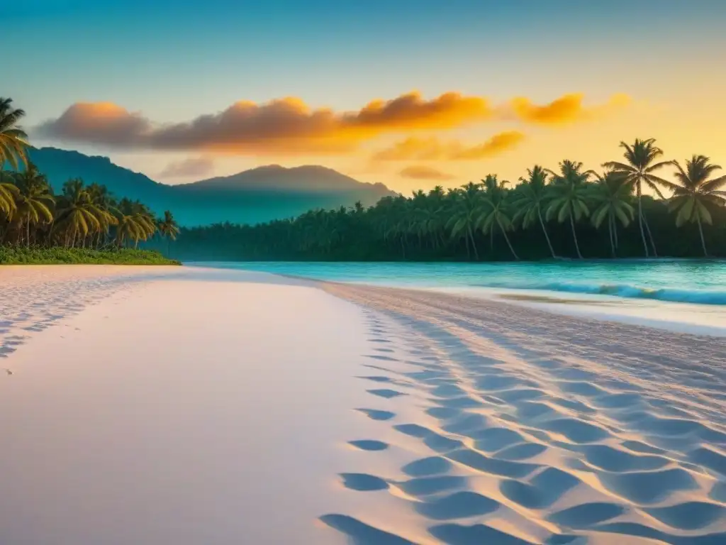 Un paraíso de arenas blancas, aguas turquesas, palmeras verdes y atardecer dorado