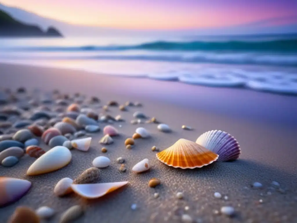 Un paraíso al atardecer en la playa con agua cristalina y conchas, evocando paz y armonía con la naturaleza