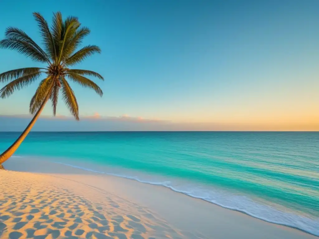 Un paraíso ecológico con una playa de arena blanca y palmeras, bajo un cielo despejado y un océano turquesa