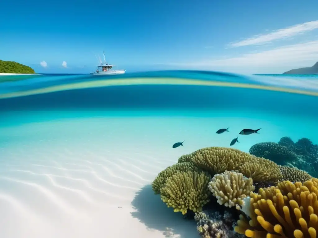 Un paraíso marino: aguas turquesas, arena blanca, peces coloridos y un bote pesquero en armonía