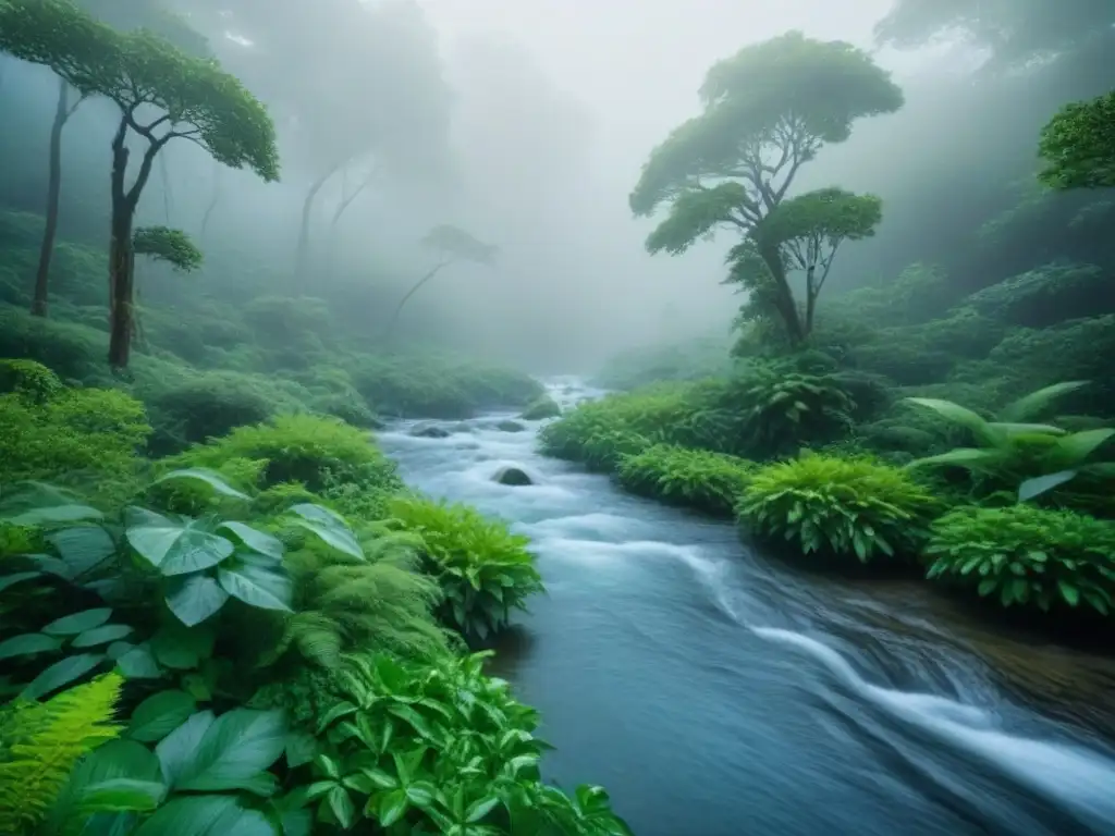 Un paraíso natural intocado con arroyo cristalino en un bosque exuberante, destaca la importancia de minimizar impacto residuos hábitats naturales