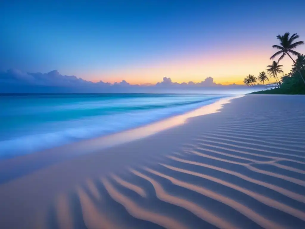 Un paraíso oculto en la playa con aguas cristalinas reflejando el atardecer, donde una figura usa productos solares ecológicos