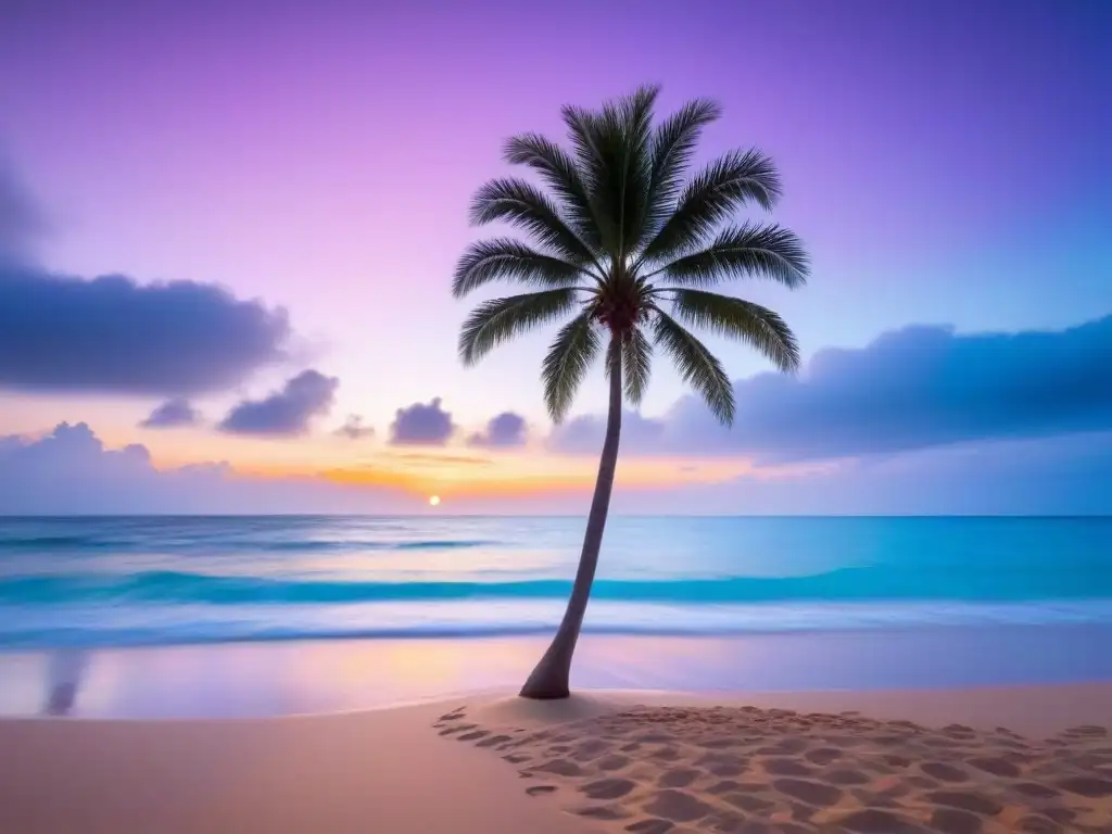 Un paraíso en la playa al atardecer con aguas turquesas, arena dorada y un cocotero