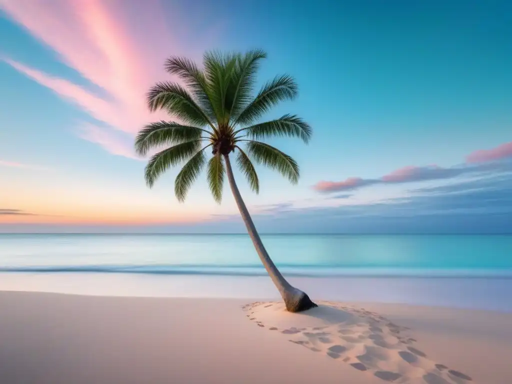 Un paraíso de playa serena al amanecer, aguas turquesas cristalinas, cielo pastel con nubes, palmera solitaria