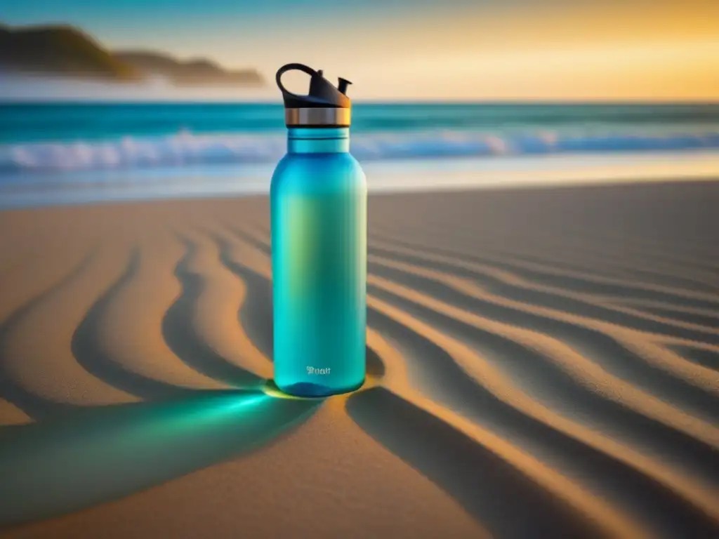 Un paraíso de playa serena con aguas cristalinas y una botella de agua reutilizable en la arena, promoviendo el turismo sostenible responsable