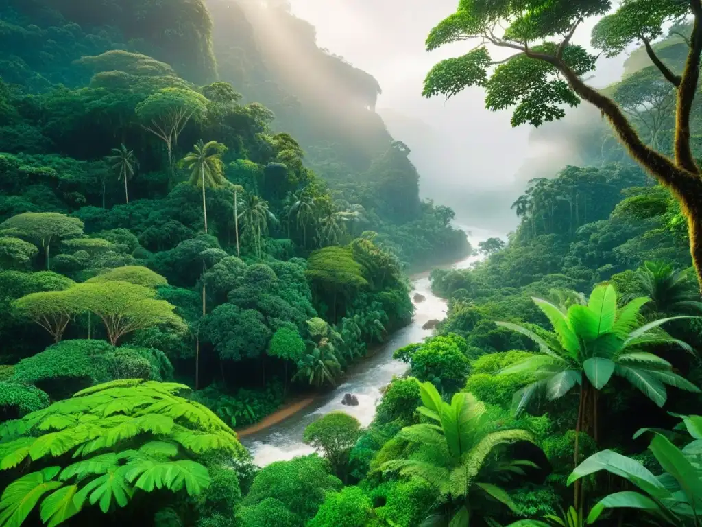 Un paraíso verde en la selva: árboles altos, río tranquilo y animales juguetones