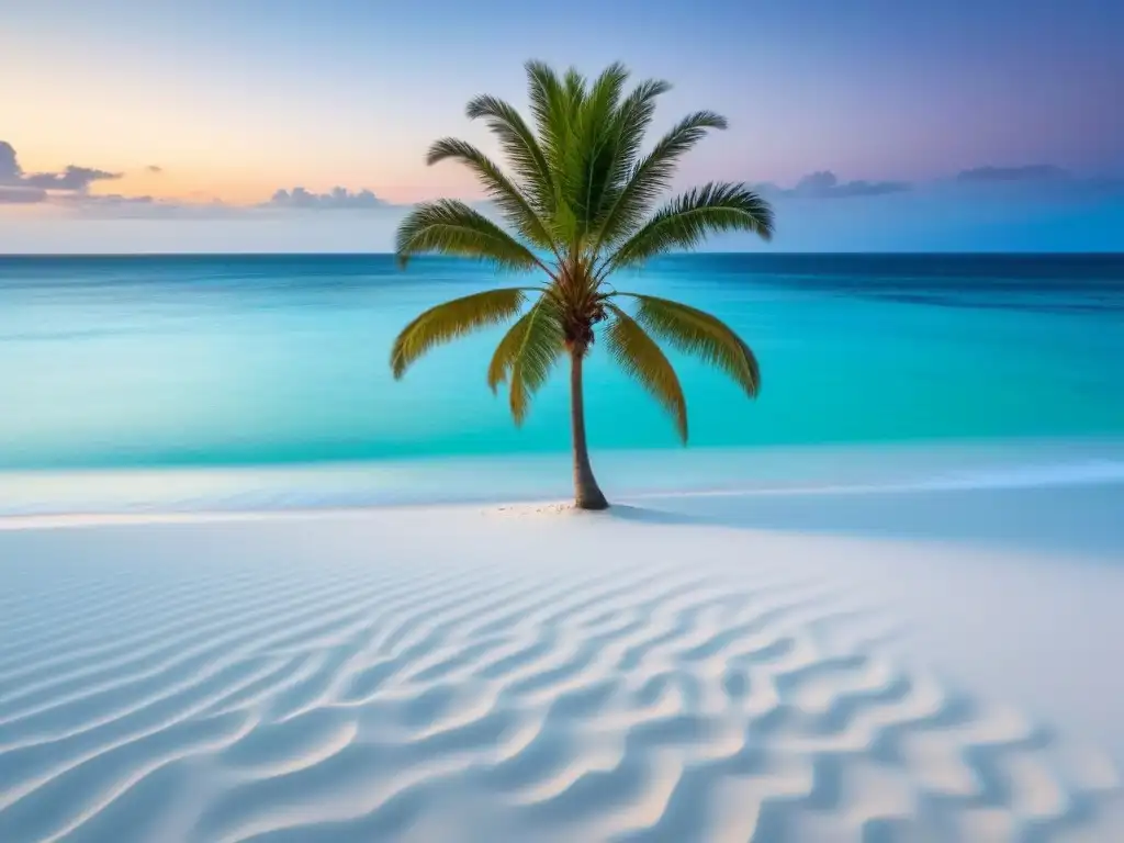 Paraísos sostenibles conservación islas: Isla verde con palmera solitaria, aguas turquesa y atardecer pastel