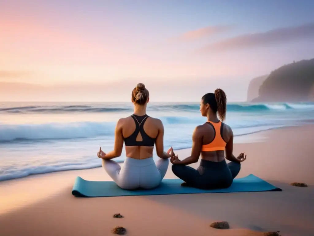 Una pareja practicando yoga en la playa al amanecer, simbolizando armonía y bienestar sostenible