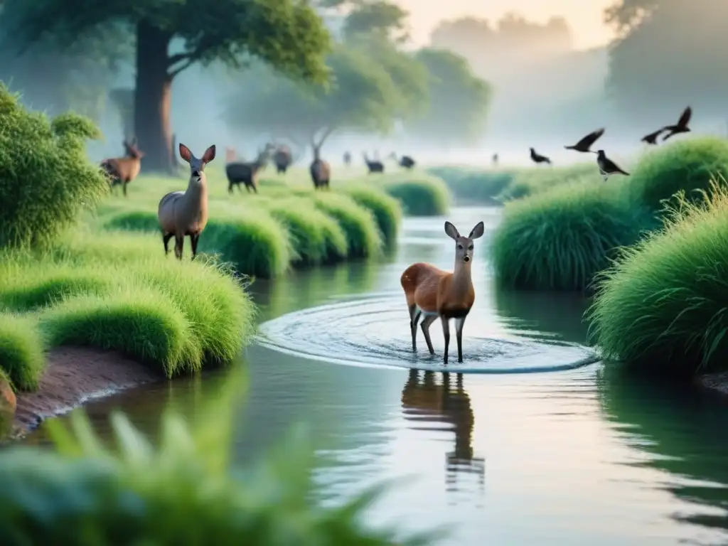 Un parque urbano al atardecer con fauna silvestre conviviendo en armonía, resaltando el urbanismo verde y el bienestar animal