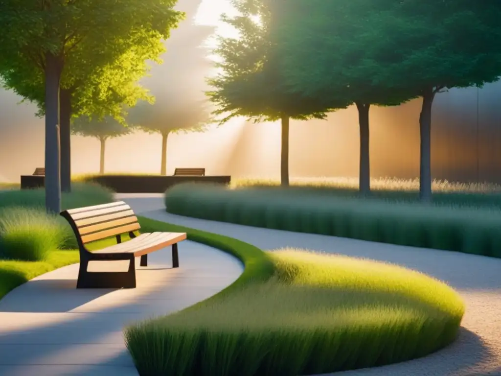 Un parque urbano sereno al atardecer dorado con vegetación exuberante, sendero sinuoso y bancos modernos dispersos