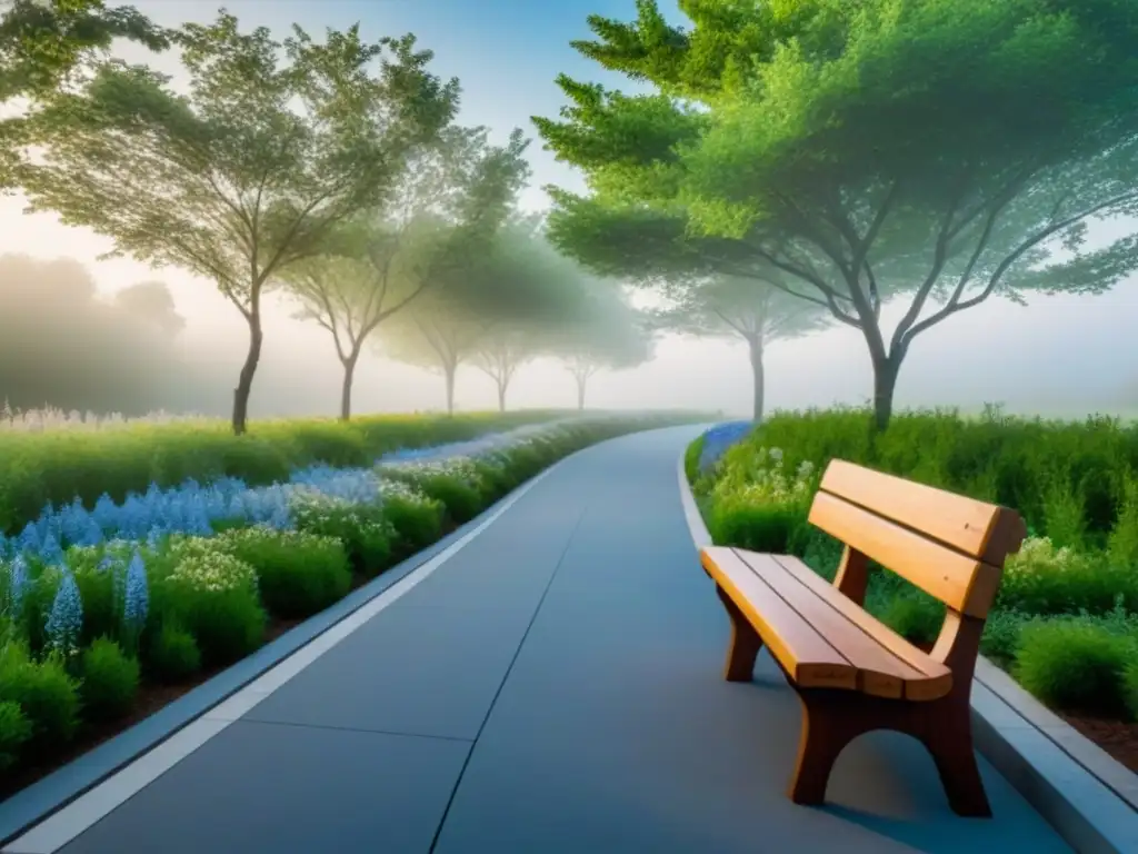 Un parque urbano sereno con vegetación exuberante, bancos de madera modernos y un sendero bordeado de flores silvestres bajo un cielo azul despejado