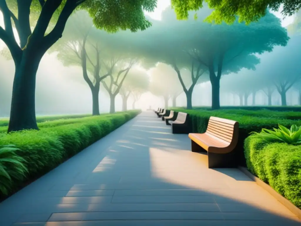 Parque urbano sereno con vegetación exuberante y bancos ecológicos, reflejando la armonía entre naturaleza y diseño urbano sostenible
