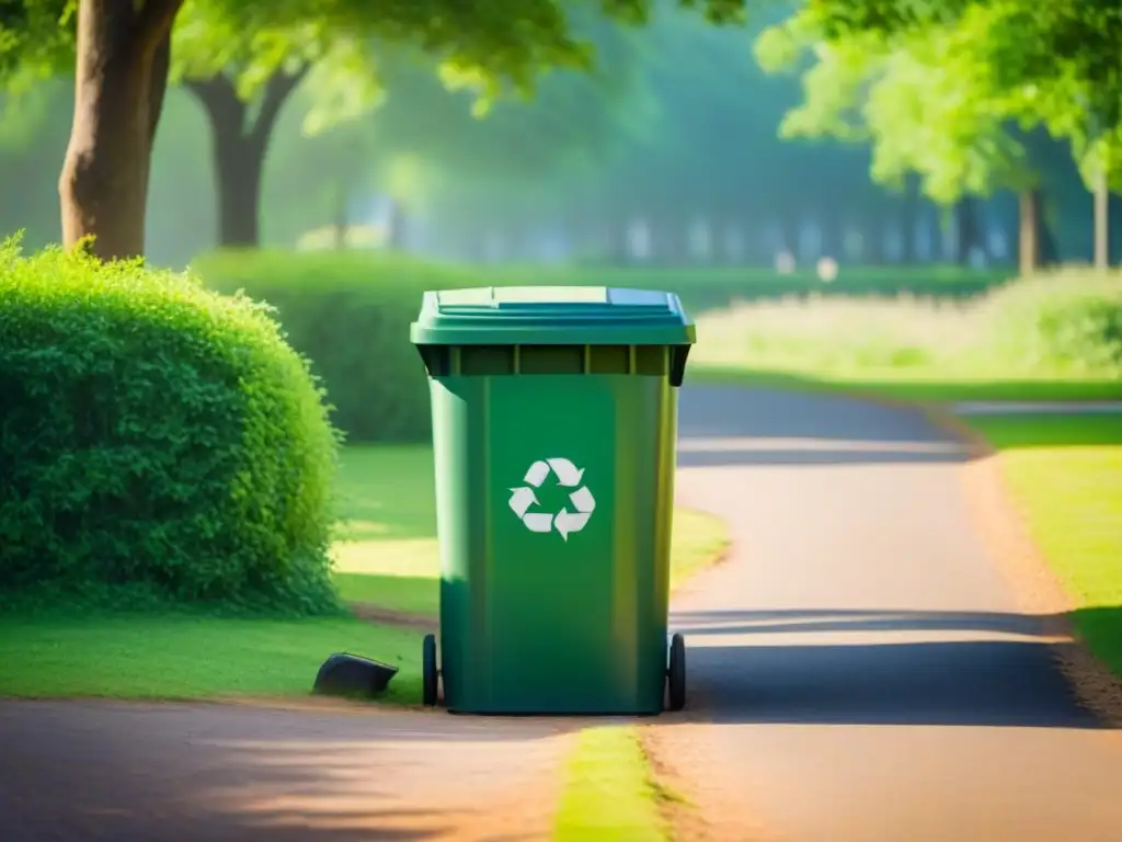 Un parque verde y sereno con un contenedor de reciclaje, simbolizando la importancia de la educación ambiental en políticas efectivas de residuos