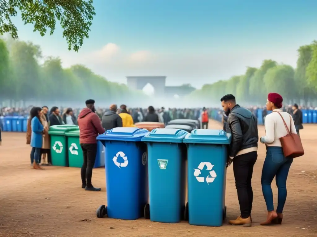 Participación masiva en eventos de reciclaje: multitud diversa clasificando residuos en contenedores, unidos por la sostenibilidad