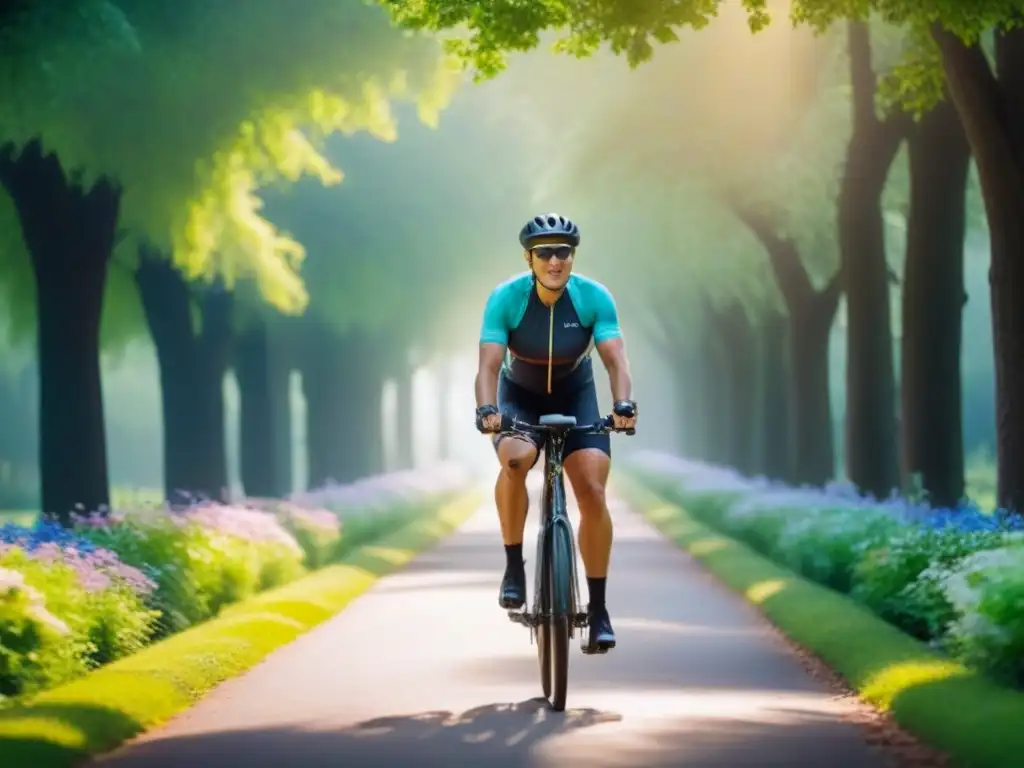 Paseo en bicicleta eléctrica por sendero tranquilo entre árboles y flores, transmitiendo paz y bienestar