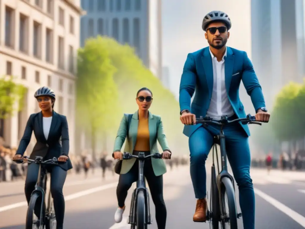 Un paseo en bicicletas eléctricas que une a personas diversas en la ciudad, transmitiendo inclusión social y movilidad sostenible