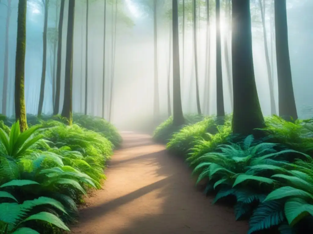 Un pasillo verde en el bosque, con luz filtrándose entre árboles, destaca flora vibrante y crea atmósfera tranquila