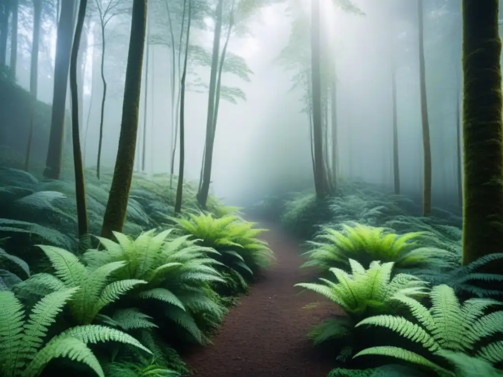 Un pasillo verde exuberante en un frondoso bosque, iluminado por el sol