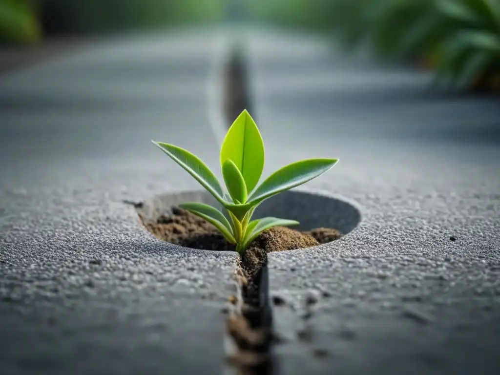 Pequeña planta verde rompiendo el concreto, simbolizando impacto global acciones locales sostenibles